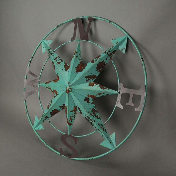 24 Inch Distressed Turquoise Metal Compass Rose Nautical Wall Decor Hanging Art - Picture 2 of 4